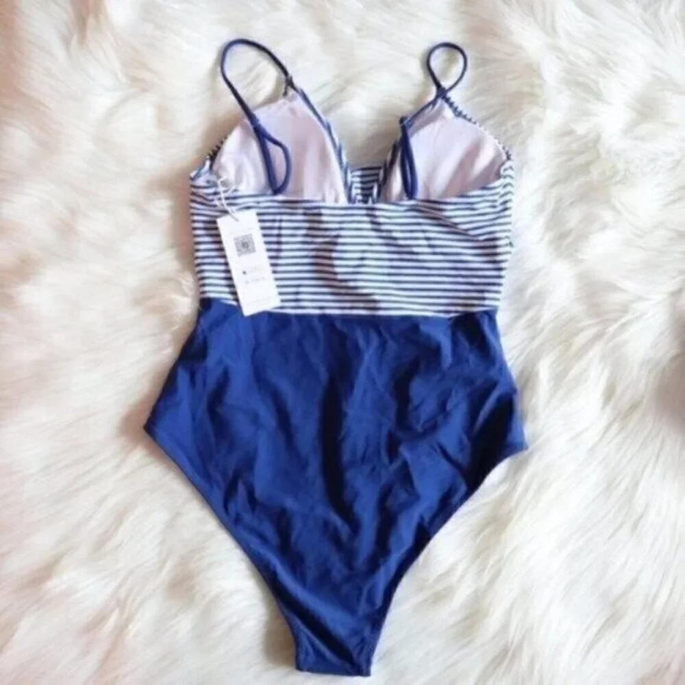 NWT Blue One Piece Bathing Suit Size XXL White Stripe Print